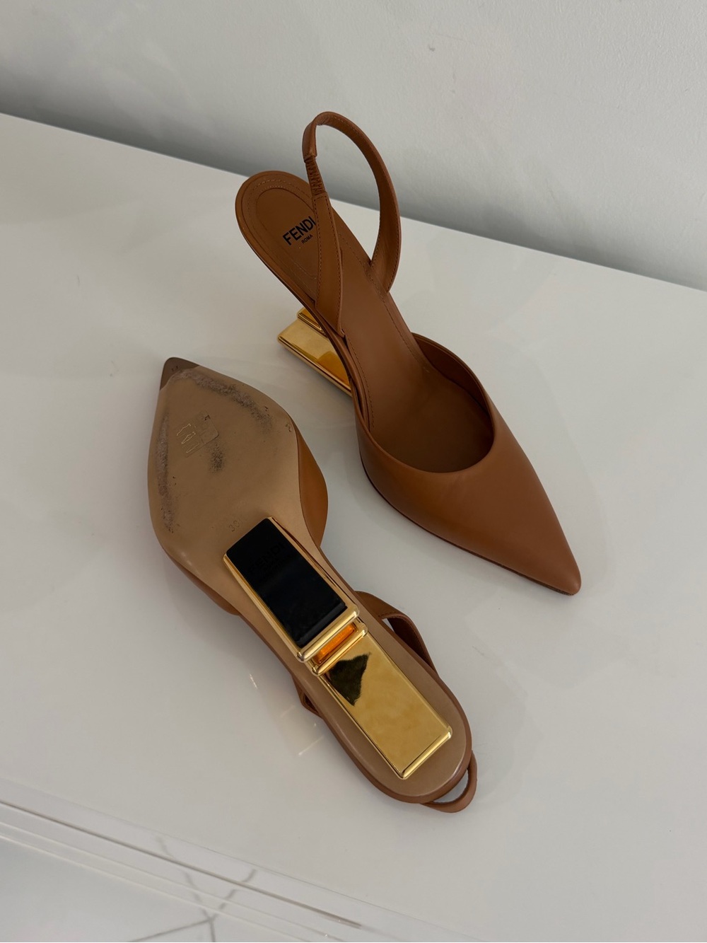 Fendi Brown Pointed Slingback Pumps with Gold Sculpted Heel - Picture 4 of 4
